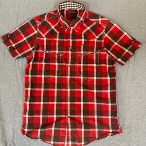 Ben Sherman Men Medium, Red black white plaid, Western snap button, short sleeve